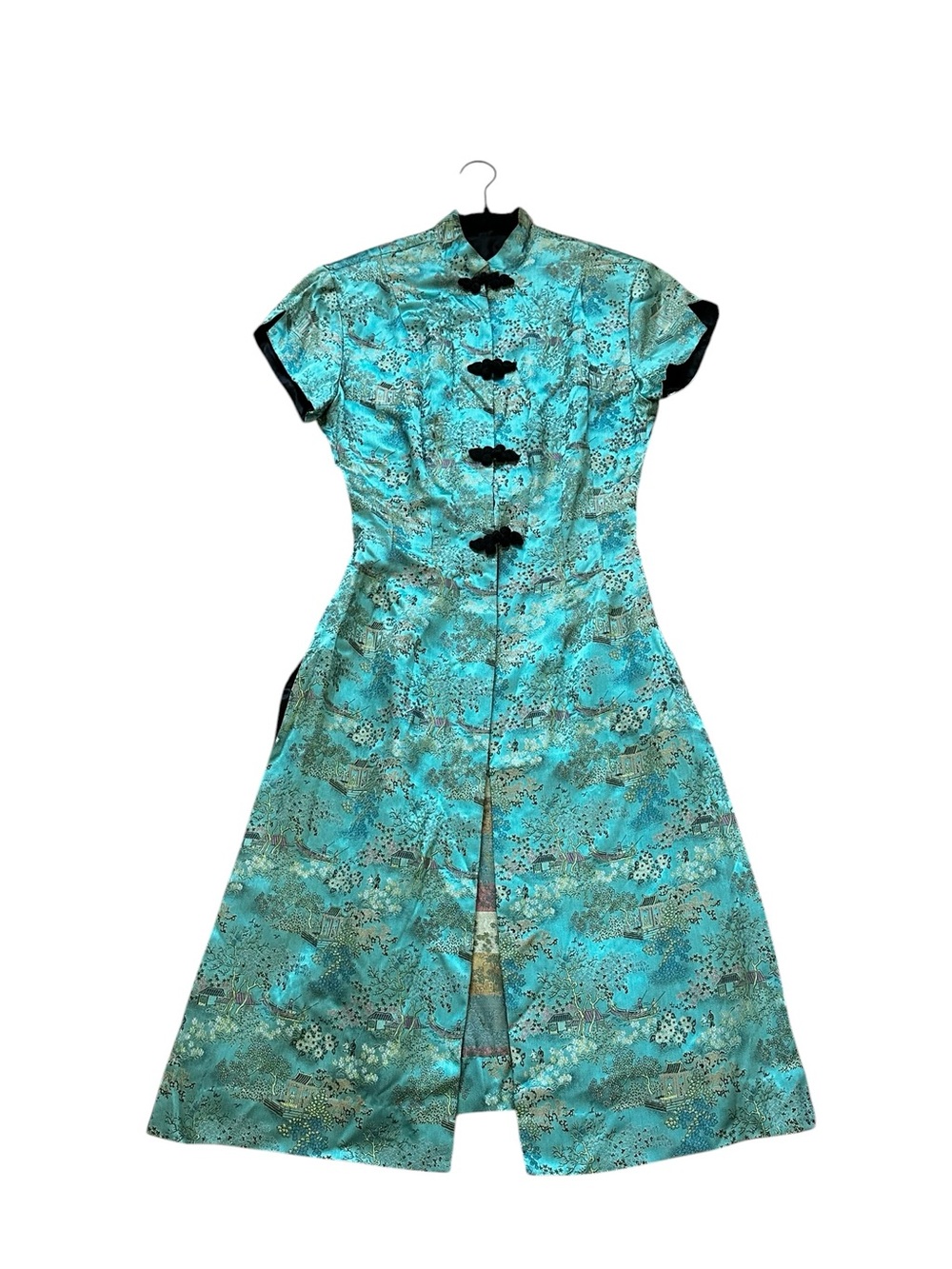 Vintage 50s Hale Hawaii Turquoise Silk Brocade  Asian Inspired Print Dress Rare